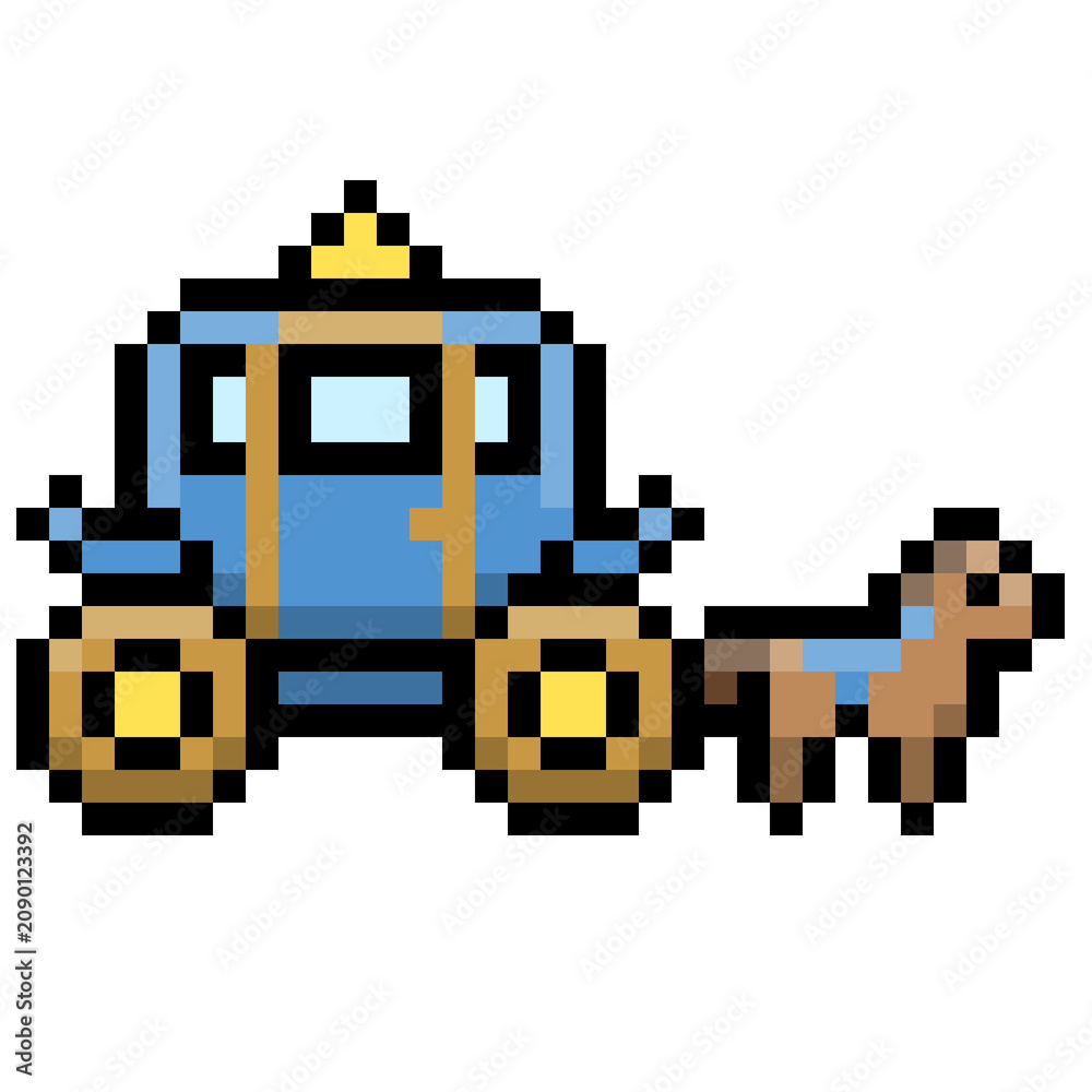 Fototapeta premium Blue royal carriage with gold wheels and horse vector illustration in pixel art style