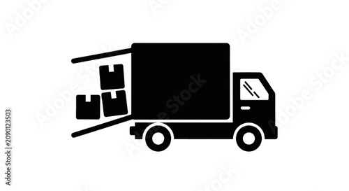 Vector illustration of delivery truck icon with boxes being loaded or unloaded on a transparent background