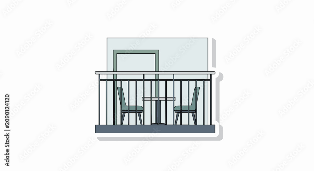 Obraz premium Minimalist vector illustration of a small outdoor balcony with table and chairs set against a neutral background