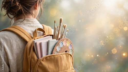 Young artist with backpack in serene outdoor setting