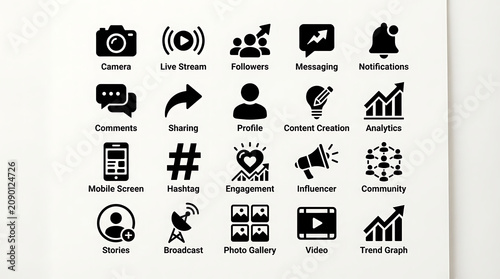 Icons showcasing social media and digital marketing tools are organized in a dark monochromatic layout.