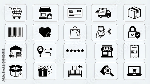 Symbols of online retail transactions and delivery logistics are presented in a monochrome icon set.
