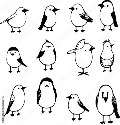Vintage Pencil Style Bird Logo Icon Set Featuring Multiple Tiny Avian Characters Encased in Clean White Graphic Background Art Symbol