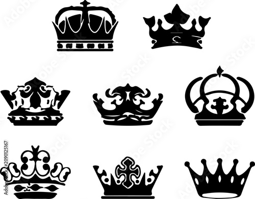 Vintage Style Royal Crown Medallion Symbol Pack with Detailed Black Shading, Luxury Shapes, and Minimalist Heraldry Branding Vector Logo
