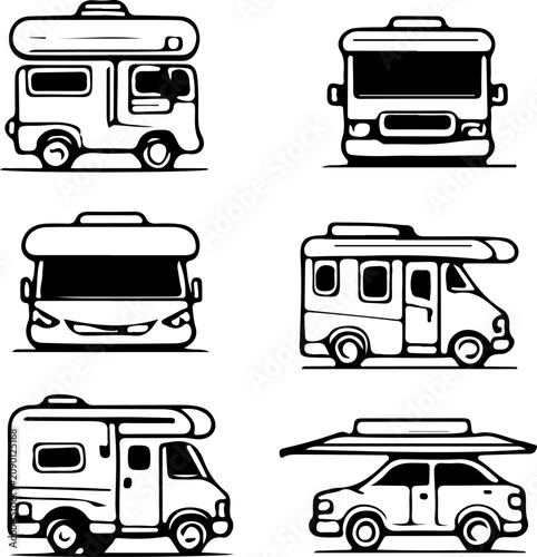 Vintage Style Whimsical RV Logo Icon Pack with Intricate Black Outlines, Vacation Transport Shapes, and Creative Graphic Design Elements