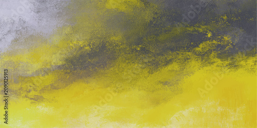 Bild auf Leinwand An abstract watercolor painting depicts a hazy sky with swirling clouds in shades of yellow, grey, and white, evoking a sense of mystery and dreaminess