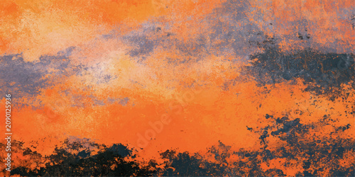 Fotografie An abstract, textured depiction of a fiery sunset, with vibrant oranges and deep grays blending seamlessly to create a dramatic and evocative sky