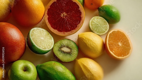 Colorful assortment of fresh fruits including citrus, kiwi and apple on a light background