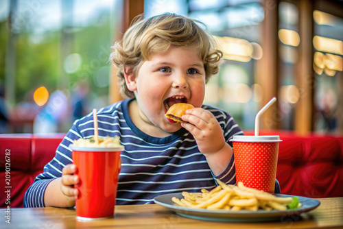 Young Boy Sitting at Table Eating Food