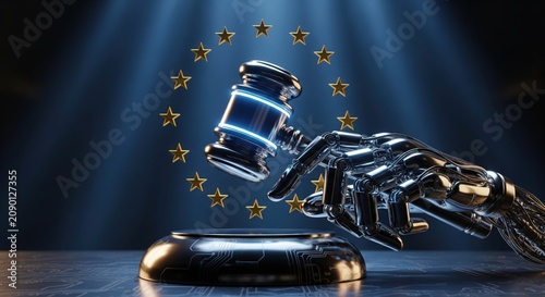 Robotic Hand Holding Judge Gavel Over Circuit Board with European Union Stars