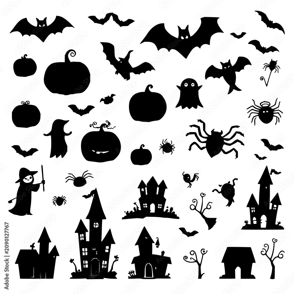 Fototapeta premium Halloween illustration set with spooky elements featuring bats, pumpkins, ghosts, witches, spiders with haunted houses and black and white palette