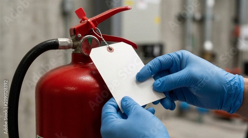 Technician Hands with Blue Gloves Checking Blank Inspection Tag on Fire Extinguisher
