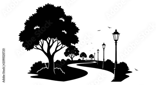Vector illustration of silhouette of a park path with trees and street lamps on a transparent background