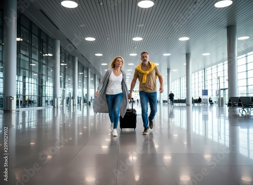 An optimistic middle aged couple walks through the expansive terminal hall dragging a heavy luggage bag while they hurry to catch their upcoming international flight during an exciting summer