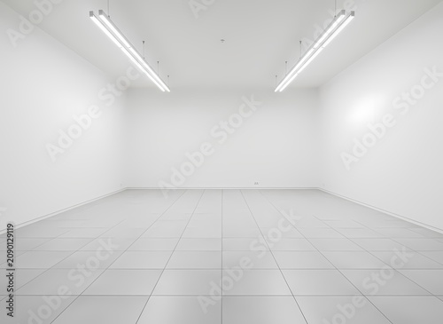 A wide interior perspective reveals an expansive open room featuring fluorescent lighting fixtures attached to a high ceiling and tiles across the floor perfect for commercial business use