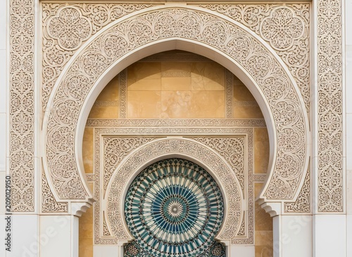 Intricate stone carvings decorate this traditional arched doorway featuring a circular ceramic mosaic window typical of classic Moroccan architecture found within historic buildings in North