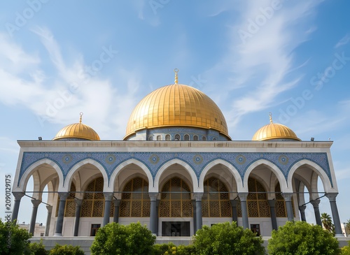 The magnificent golden domes of a historical mosque shine brightly under a vibrant blue sky during a sunny day in the Middle East where cultural heritage architecture draws many local visitors