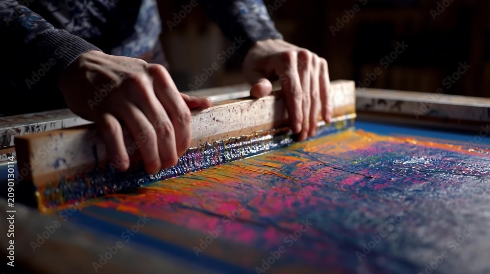 Naklejka premium Close up of a person using a wooden squeegee to apply colorful ink onto a screen printing frame in a workshop