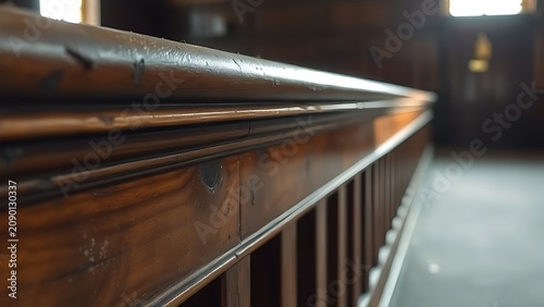 Abandoned courtroom defendant rail with scratch marks, dust motes in light.