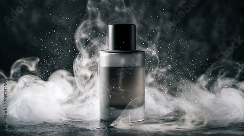 Cologne flask sits on a dark surface as thick white vapor curls around the glass object in the air.