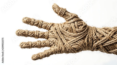Human hand wrapped tightly in thick rough twine symbolizes the feeling of being bound or restricted.