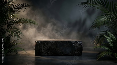 Basalt block sits on a dark floor surrounded by thick smoke and exotic greenery for product staging.