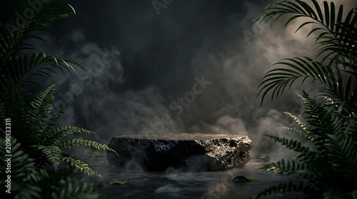 Stone pedestal rests amidst lush tropical ferns and swirling mist to create a dramatic product display.
