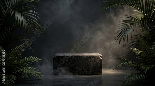 Stone pedestal sits amidst tropical palm leaves and swirling mist to create a dramatic display for product marketing.