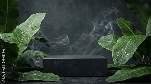 Display pedestal sits surrounded by tropical banana leaves with swirling smoke in a dark atmosphere.