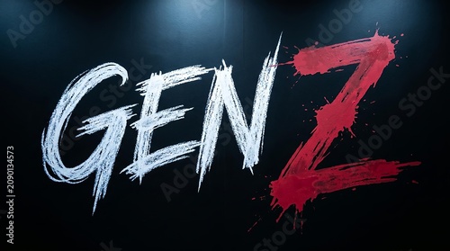 Gen Z text in white chalk and red paint splatter style on a dark black background. Generation Z youth culture concept.