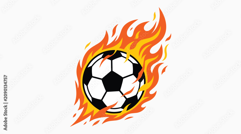 Naklejka premium A graphic illustration of a soccer ball engulfed in bright orange and yellow flames.