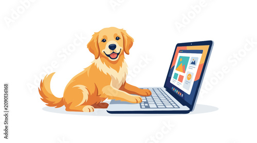 Golden Retriever dog typing on a laptop computer