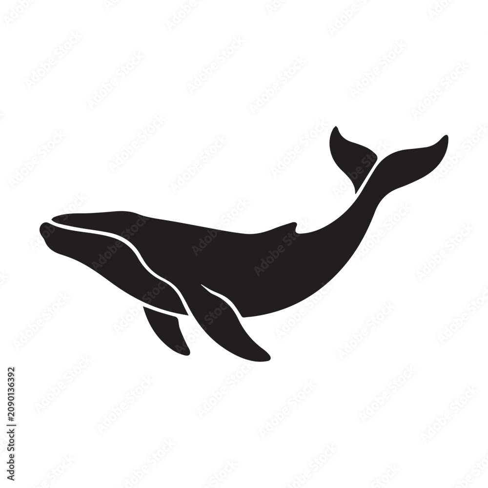 Obraz premium Simple silhouette icon of a large blue whale swimming in ocean with wildlife