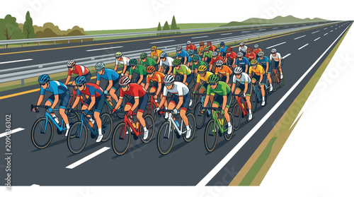 Large group of professional cyclists racing in a peloton on road