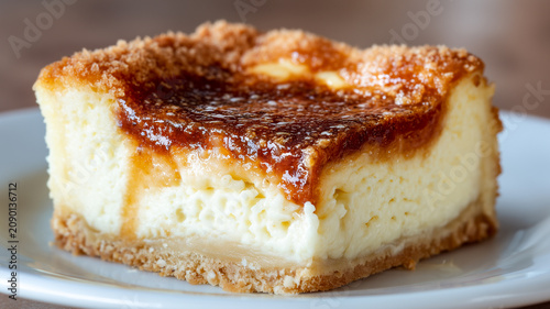 Close up of a delicious slice of cheesecake or creme brulee bar dessert with a caramelized burnt sugar top and crumbly crust on a white plate with shallow depth of field