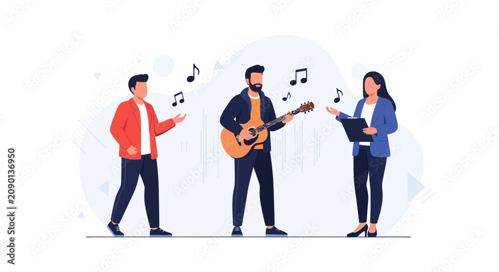 Obraz premium Diverse Trio Performs Music: Guitarist, Singer, and Director with Notes