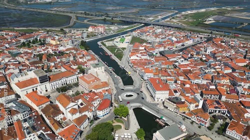 Drone view of Aveiro city center, streets, river, urban landscape
