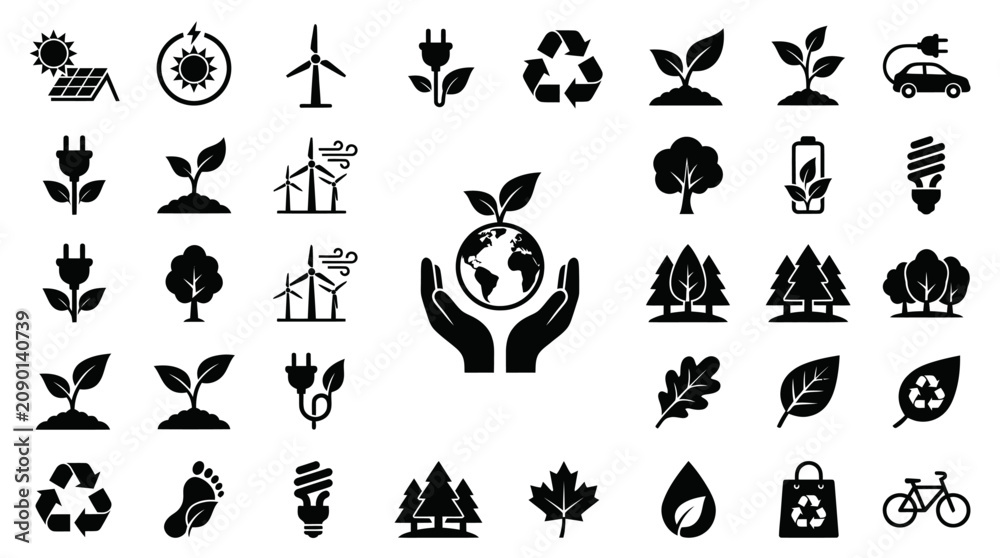 Obraz premium Minimalist ecology and nature conservation icon set.