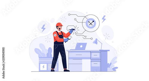 Electrician working on circuit board with laptop and tools, representing technology and repair