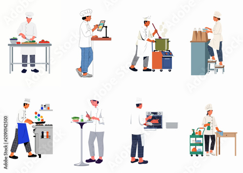 Bild auf Leinwand Collection of professional chefs and kitchen staff performing various restaurant tasks, including cooking, cleaning, and order management, in flat vector style