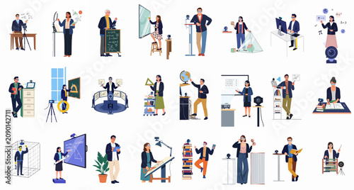 Konstfotografi Set of 21 flat illustrations featuring diverse teachers and professors conducting online lectures and remote education in mathematics, science, and technology