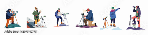 Bild auf Leinwand Set of diverse people observing the night sky and stars using telescopes, binoculars, and maps in various outdoor winter settings