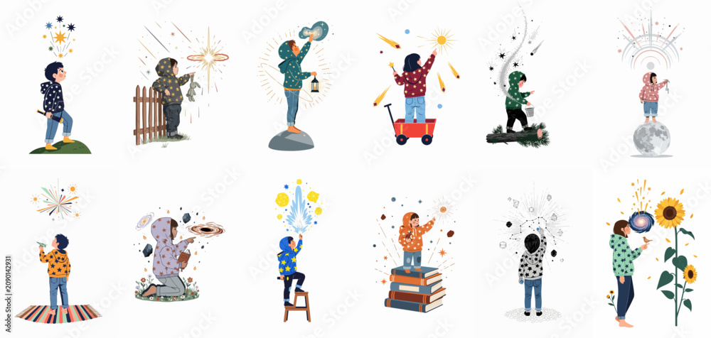 Fototapeta premium Set of cute children illustrations exploring the universe and celestial wonders, capturing the magic of childhood imagination and astronomical discovery.