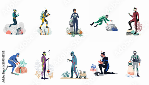 Canvas-taulu A collection of diverse marine biologists and scuba divers conducting various scientific research activities on coral reefs, isolated on a white background