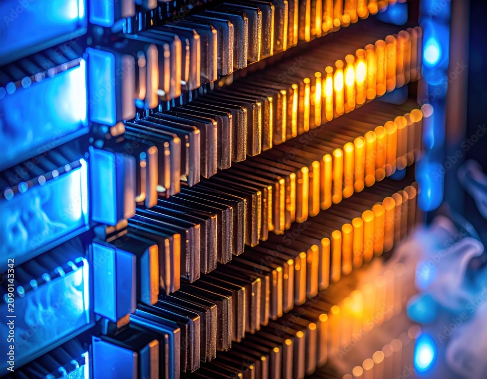 Obraz premium Hyper realistic close up shot of server rack hardware with glowing blue and orange LED lights