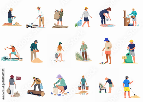 Foto Collection of diverse volunteers participating in various beach cleanup activities to protect the marine environment and reduce plastic pollution