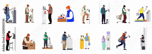 Fotografie Collection of men using smartphones for contactless payments and self-service kiosks in various retail and urban scenarios