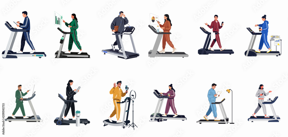 Fototapeta premium Set of diverse people walking on treadmills while multitasking with work, laptops, and phones, illustrating a healthy and productive modern lifestyle.