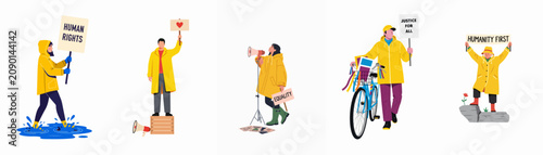 A collection of diverse activists in yellow raincoats holding placards for human rights, equality, justice, and humanity first.