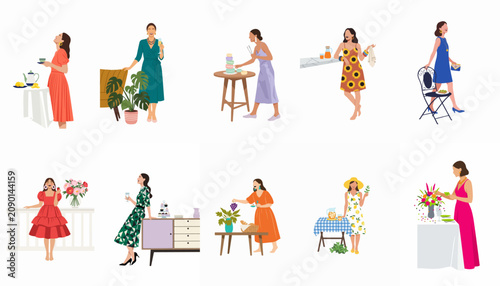 Collection of flat vector illustrations featuring elegant women enjoying social gatherings, dinner parties, and summer events with food and drinks.
